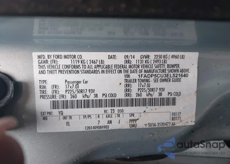 2014 Ford C-Max Energi Sel из США, поврежденный, VIN 1FADP5CU3EL521640